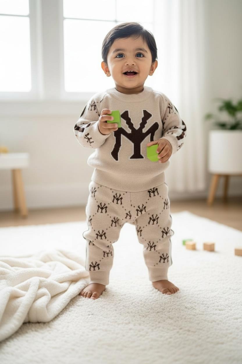 Beige & Brown Baby & Toddler Premium Knitted Co-Ord Set | Winter Warm Logo Sweater & Joggers | Soft Woolen Unisex Outfit