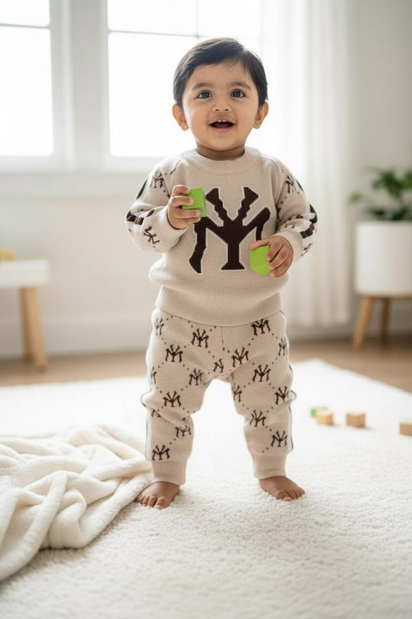Beige & Brown Baby & Toddler Premium Knitted Co-Ord Set | Winter Warm Logo Sweater & Joggers | Soft Woolen Unisex Outfit