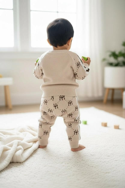 Beige & Brown Baby & Toddler Premium Knitted Co-Ord Set | Winter Warm Logo Sweater & Joggers | Soft Woolen Unisex Outfit