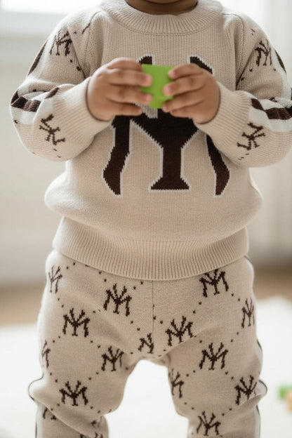 Beige & Brown Baby & Toddler Premium Knitted Co-Ord Set | Winter Warm Logo Sweater & Joggers | Soft Woolen Unisex Outfit