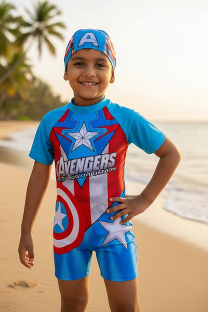 Avengers Boys Swimwear Set with Cap | Superhero Swimming Costume for Kids