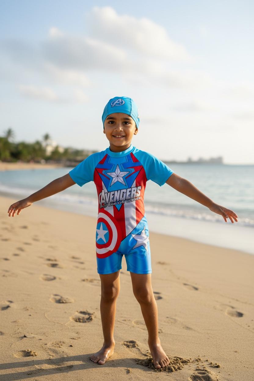 Avengers Boys Swimwear Set with Cap | Superhero Swimming Costume for Kids
