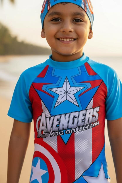 Avengers Boys Swimwear Set with Cap | Superhero Swimming Costume for Kids