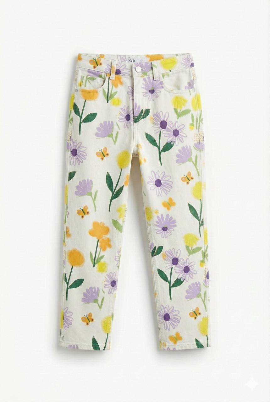 Ivory Floral printed Denim Wide Leg Fit Pants