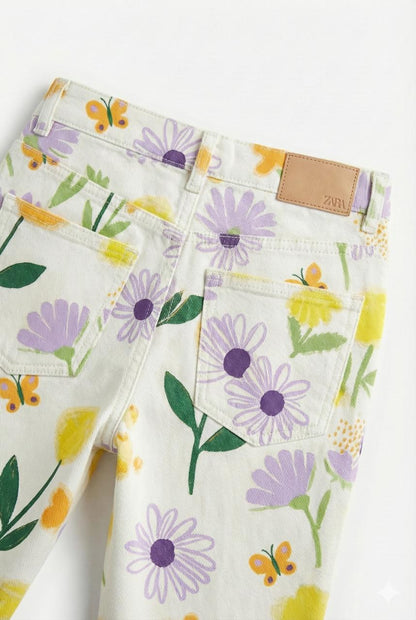 Ivory Floral printed Denim Wide Leg Fit Pants