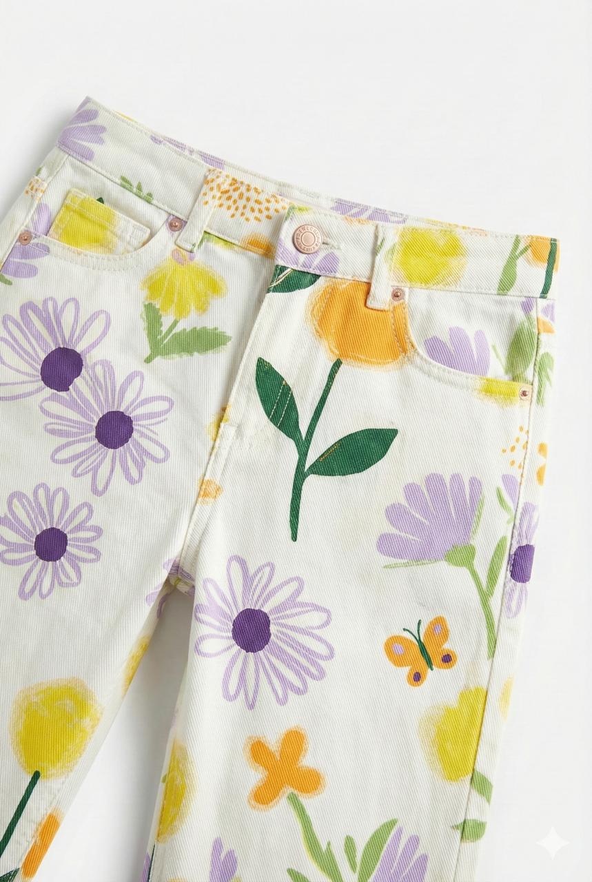 Ivory Floral printed Denim Wide Leg Fit Pants