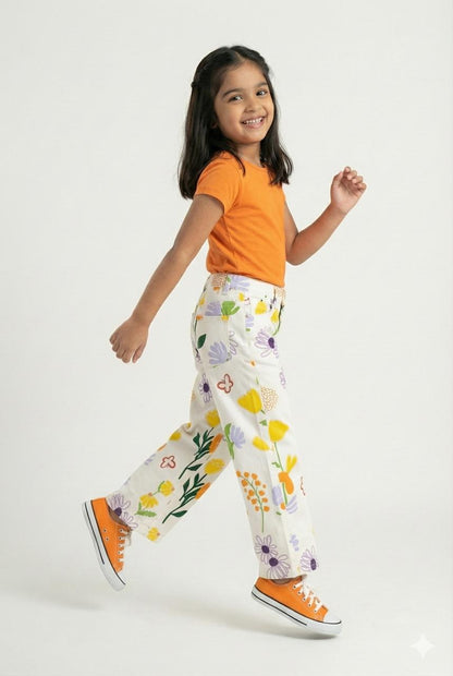 Ivory Floral printed Denim Wide Leg Fit Pants