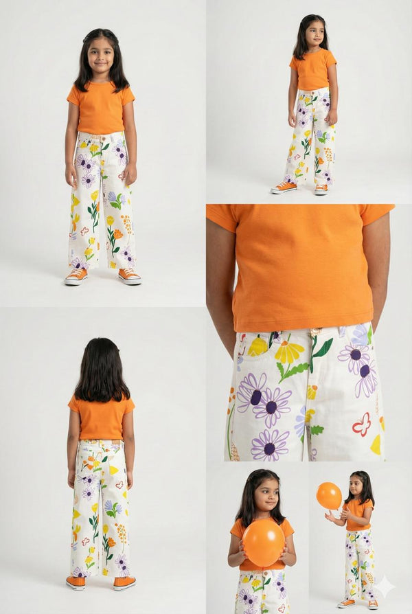 Ivory Floral printed Denim Wide Leg Fit Pants