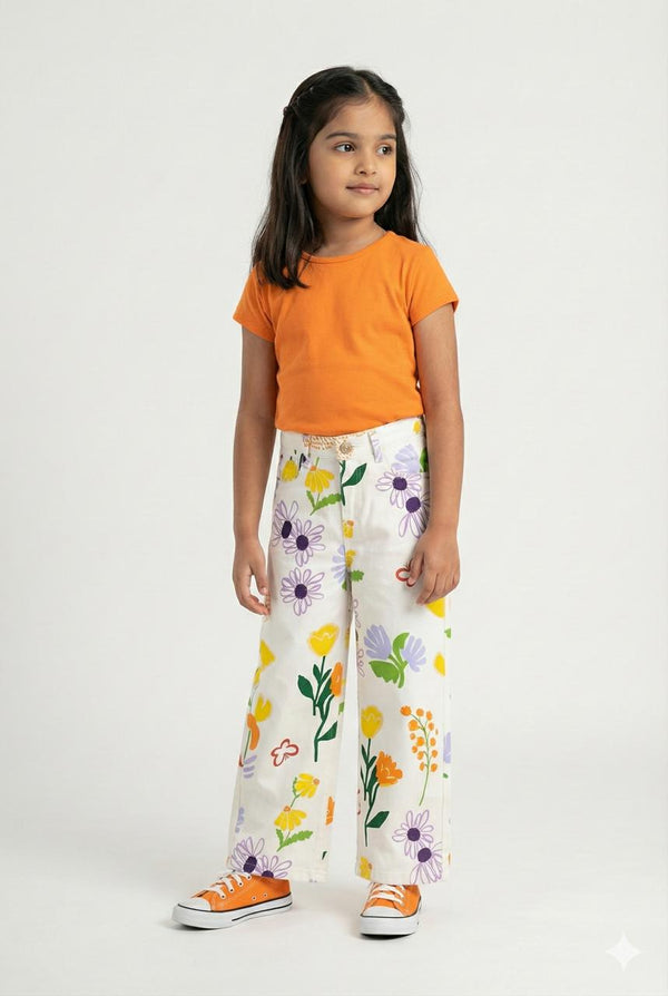 Ivory Floral printed Denim Wide Leg Fit Pants