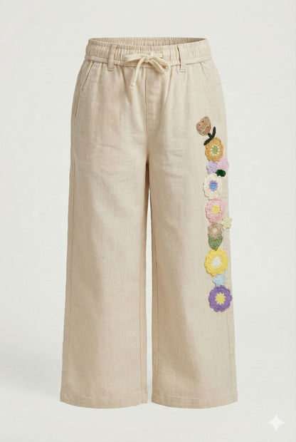 Light Beige l Off-white Cotton Linen Pants with Crochet Flower Patches