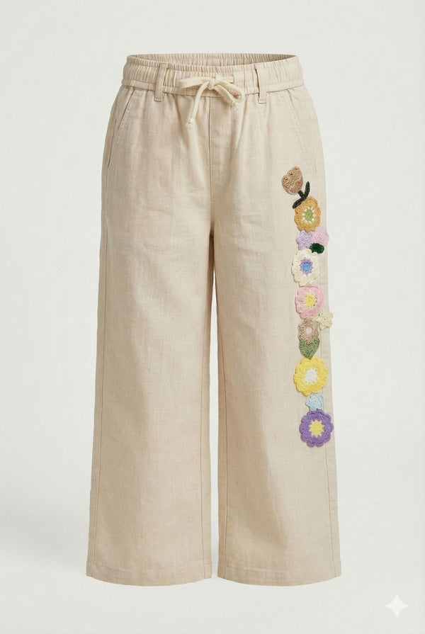 Light Beige l Off-white Cotton Linen Pants with Crochet Flower Patches