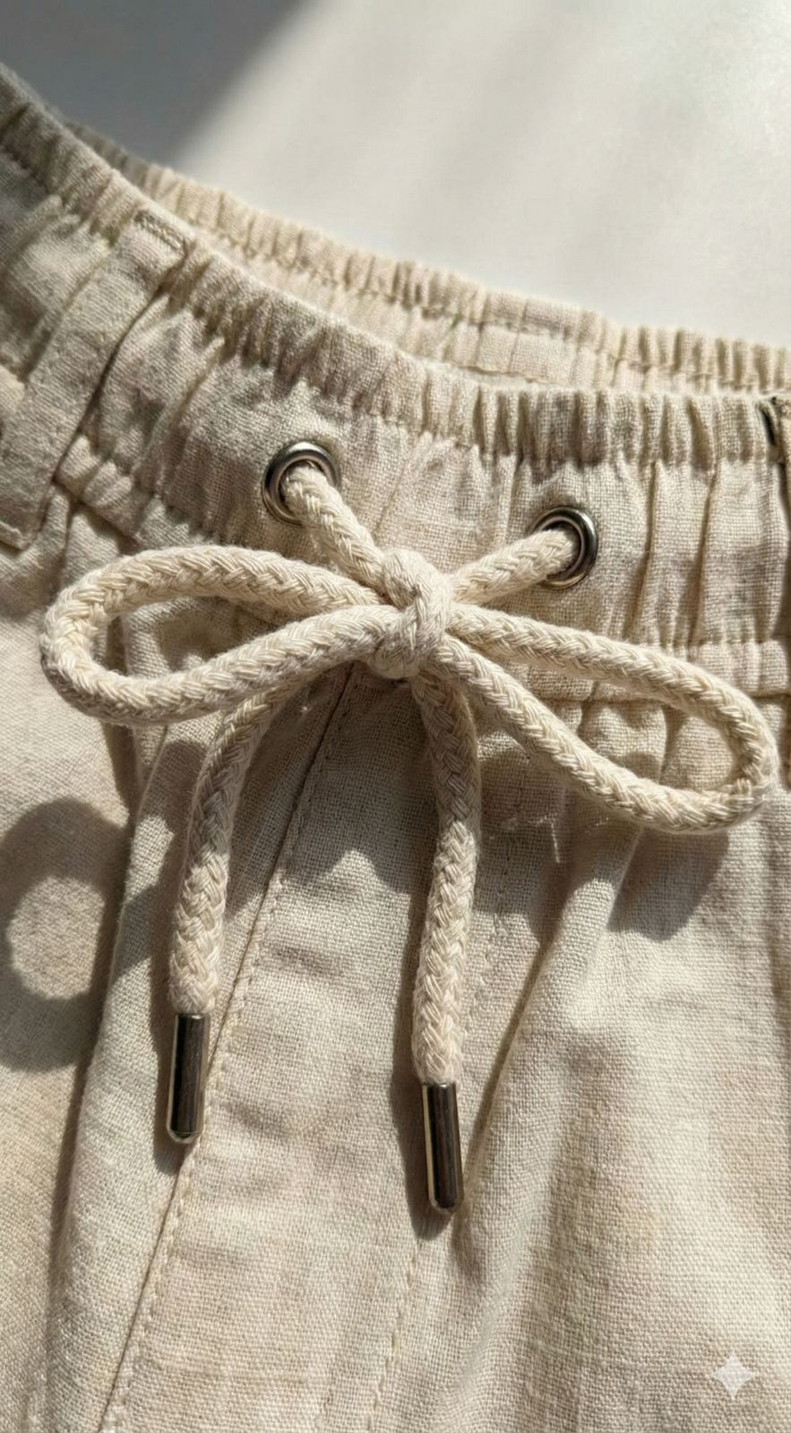Light Beige l Off-white Cotton Linen Pants with Crochet Flower Patches