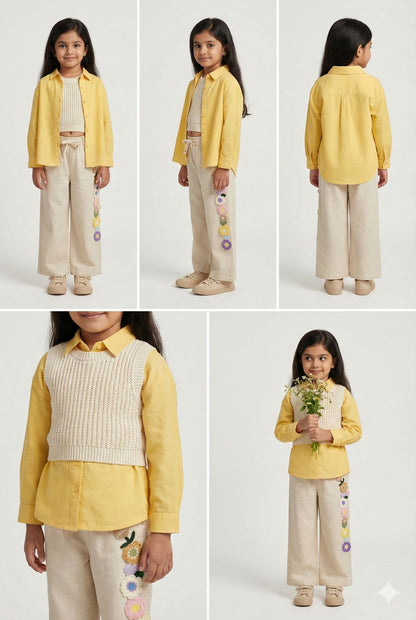 Light Beige l Off-white Cotton Linen Pants with Crochet Flower Patches