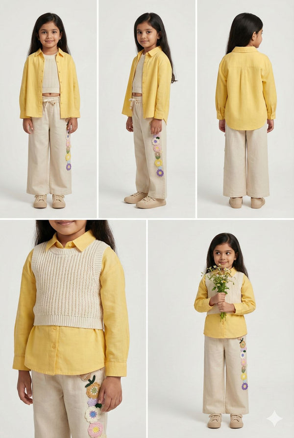 Light Beige l Off-white Cotton Linen Pants with Crochet Flower Patches