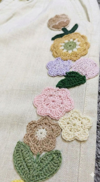 Light Beige l Off-white Cotton Linen Pants with Crochet Flower Patches
