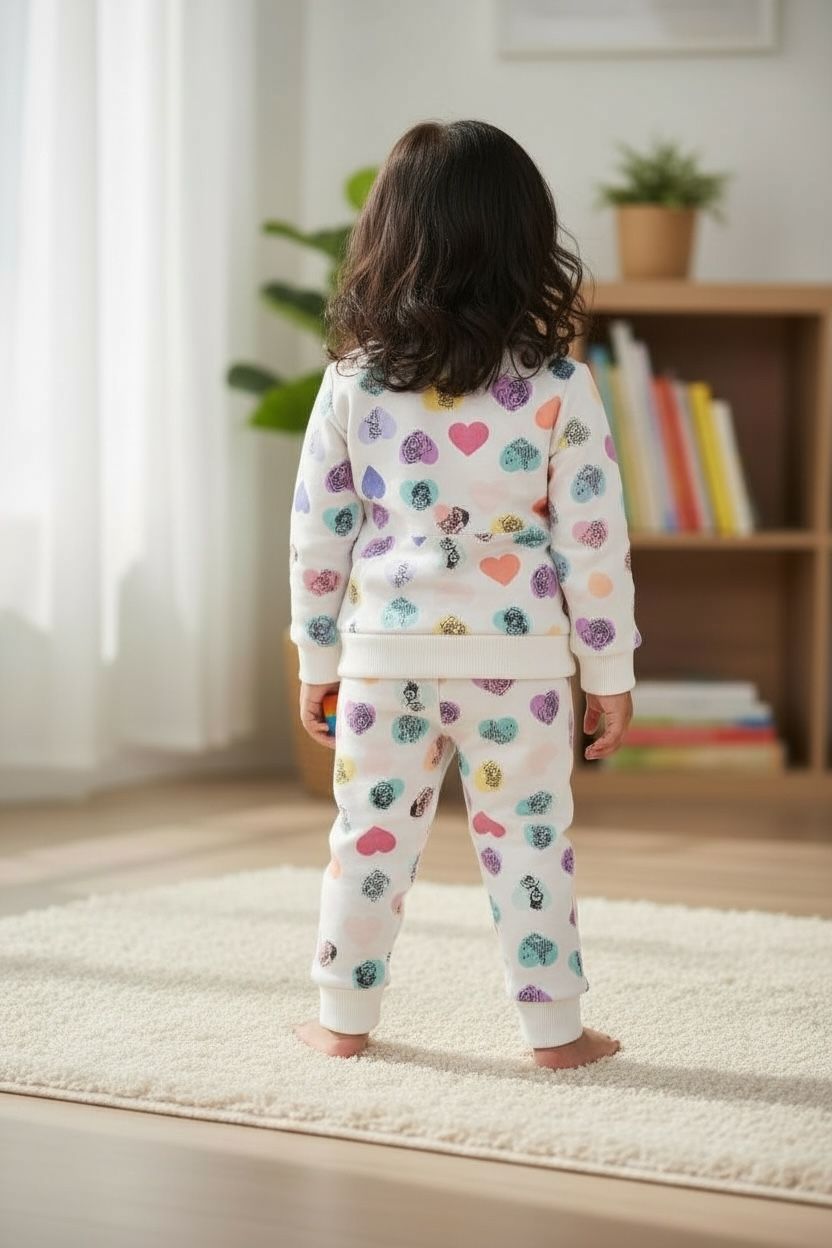 Heart Printed Toddler Girls Knitted Sweatshirt and Jogger Set – Soft Printed Winter Co Ord Set
