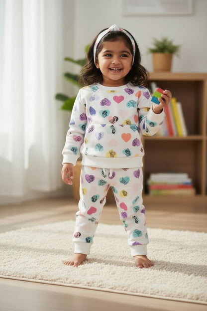 Heart Printed Toddler Girls Knitted Sweatshirt and Jogger Set – Soft Printed Winter Co Ord Set