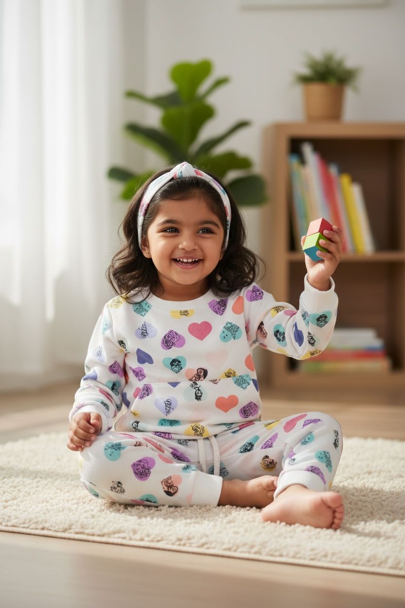 Heart Printed Toddler Girls Knitted Sweatshirt and Jogger Set – Soft Printed Winter Co Ord Set