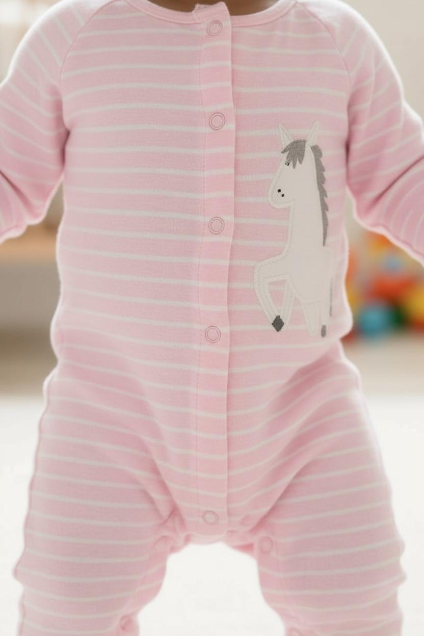 Pink Striped Full Sleeve Romper – Soft Unicorn Print Onesie