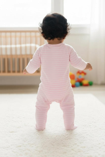 Pink Striped Full Sleeve Romper – Soft Unicorn Print Onesie