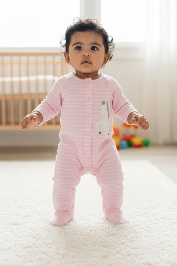 Pink Striped Full Sleeve Romper – Soft Unicorn Print Onesie