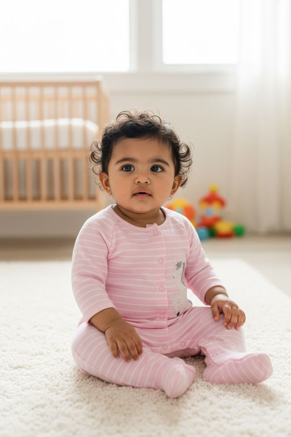 Pink Striped Full Sleeve Romper – Soft Unicorn Print Onesie