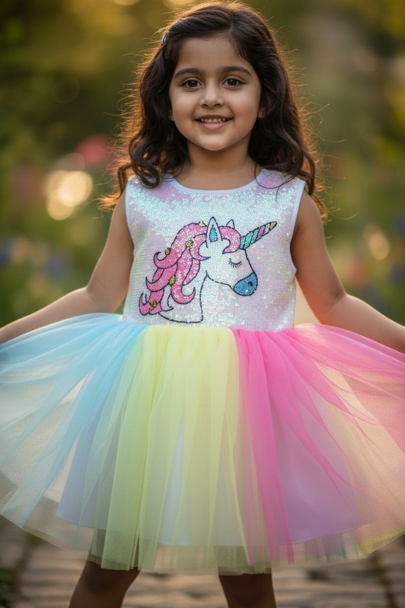 Sequin Rainbow Net Frock – Party Wear Dress for Girls