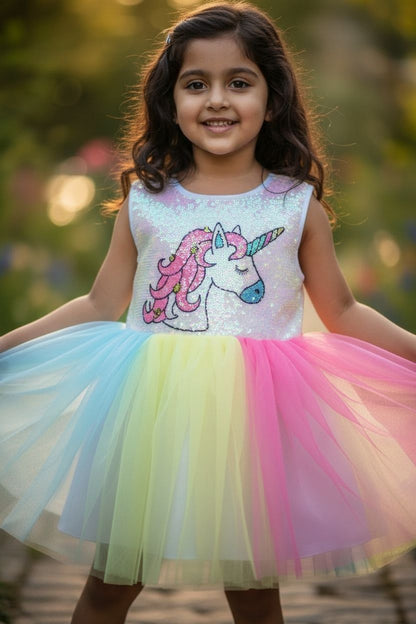 Sequin Rainbow Net Frock – Party Wear Dress for Girls