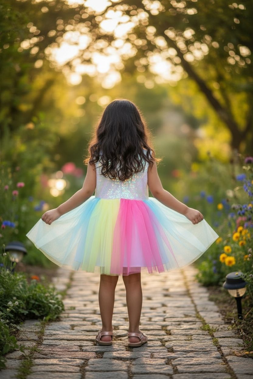 Sequin Rainbow Net Frock – Party Wear Dress for Girls