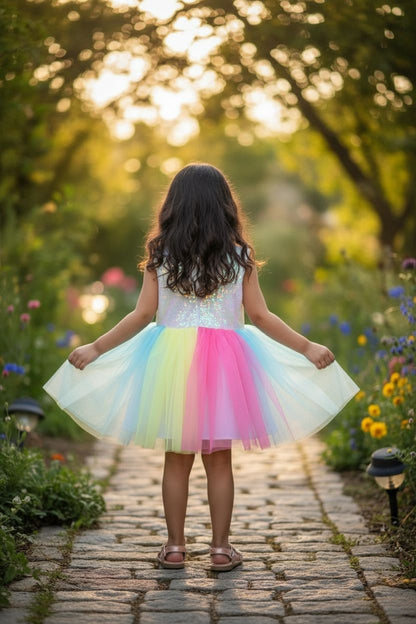 Sequin Rainbow Net Frock – Party Wear Dress for Girls