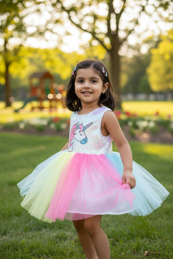 Sequin Rainbow Net Frock – Party Wear Dress for Girls