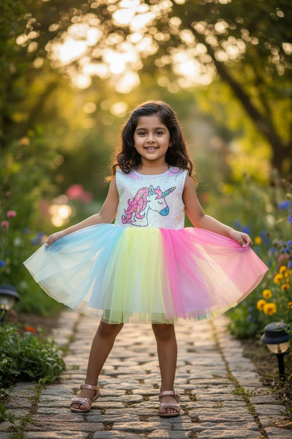 Sequin Rainbow Net Frock – Party Wear Dress for Girls
