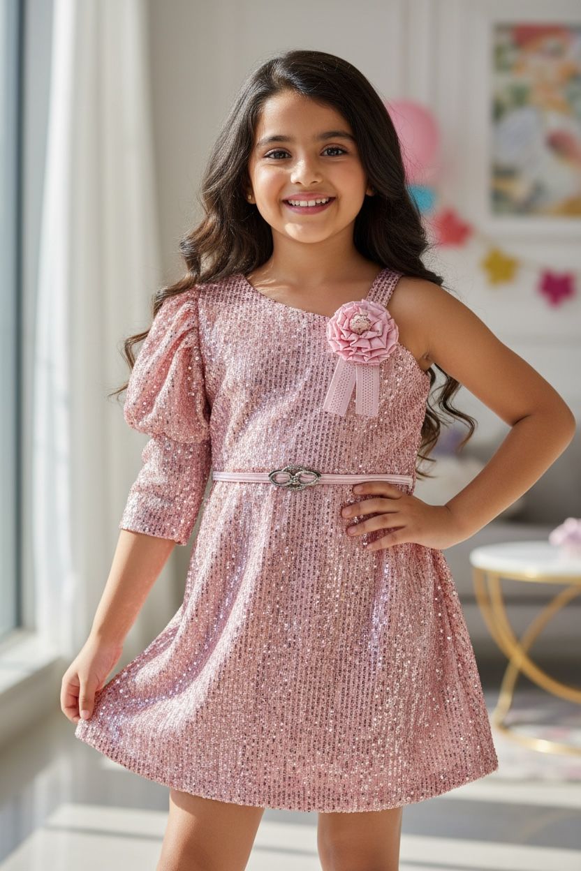 Pink Sequin Straight Dress – Elegant Party Wear for Girls