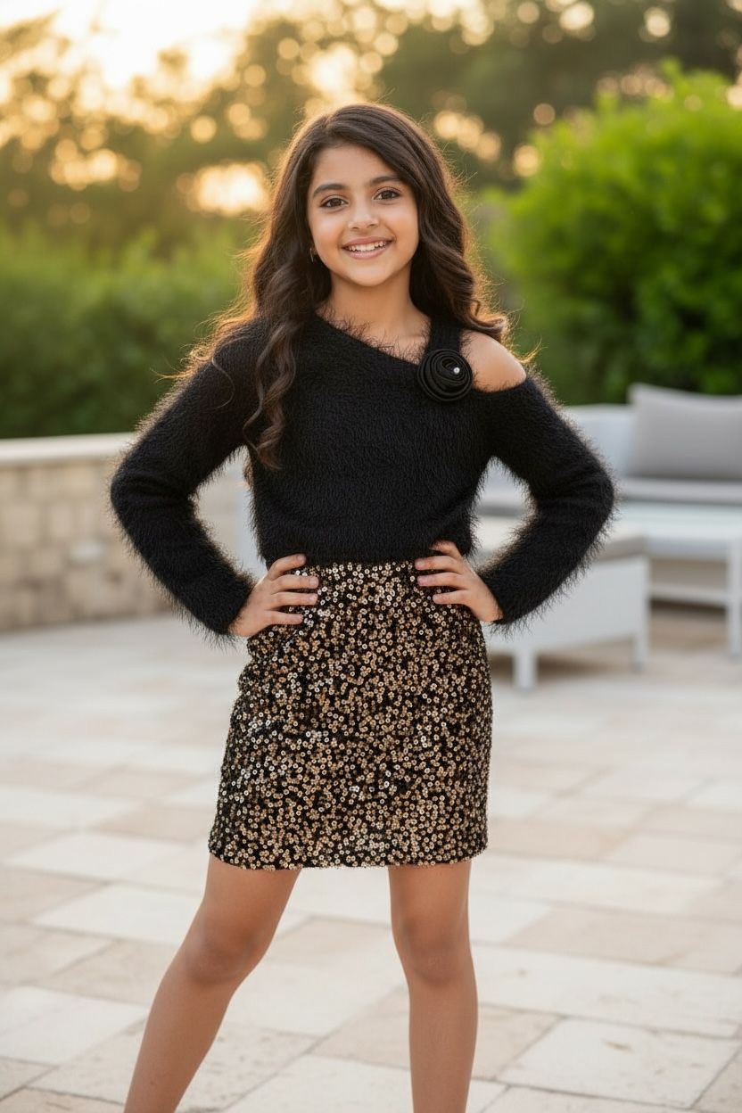 Golden Sequin Dress with One Shoulder Fur Shrug – Girls Party Wear Set