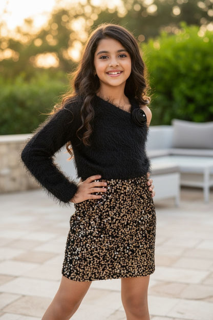 Golden Sequin Dress with One Shoulder Fur Shrug – Girls Party Wear Set