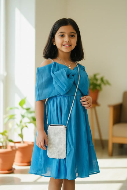 Turquoise Party Wear Shimmer Frock with Pearl Straps