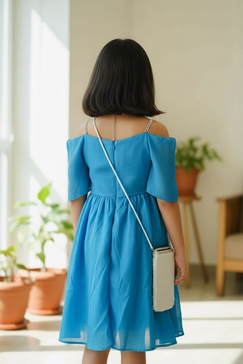 Turquoise Party Wear Shimmer Frock with Pearl Straps