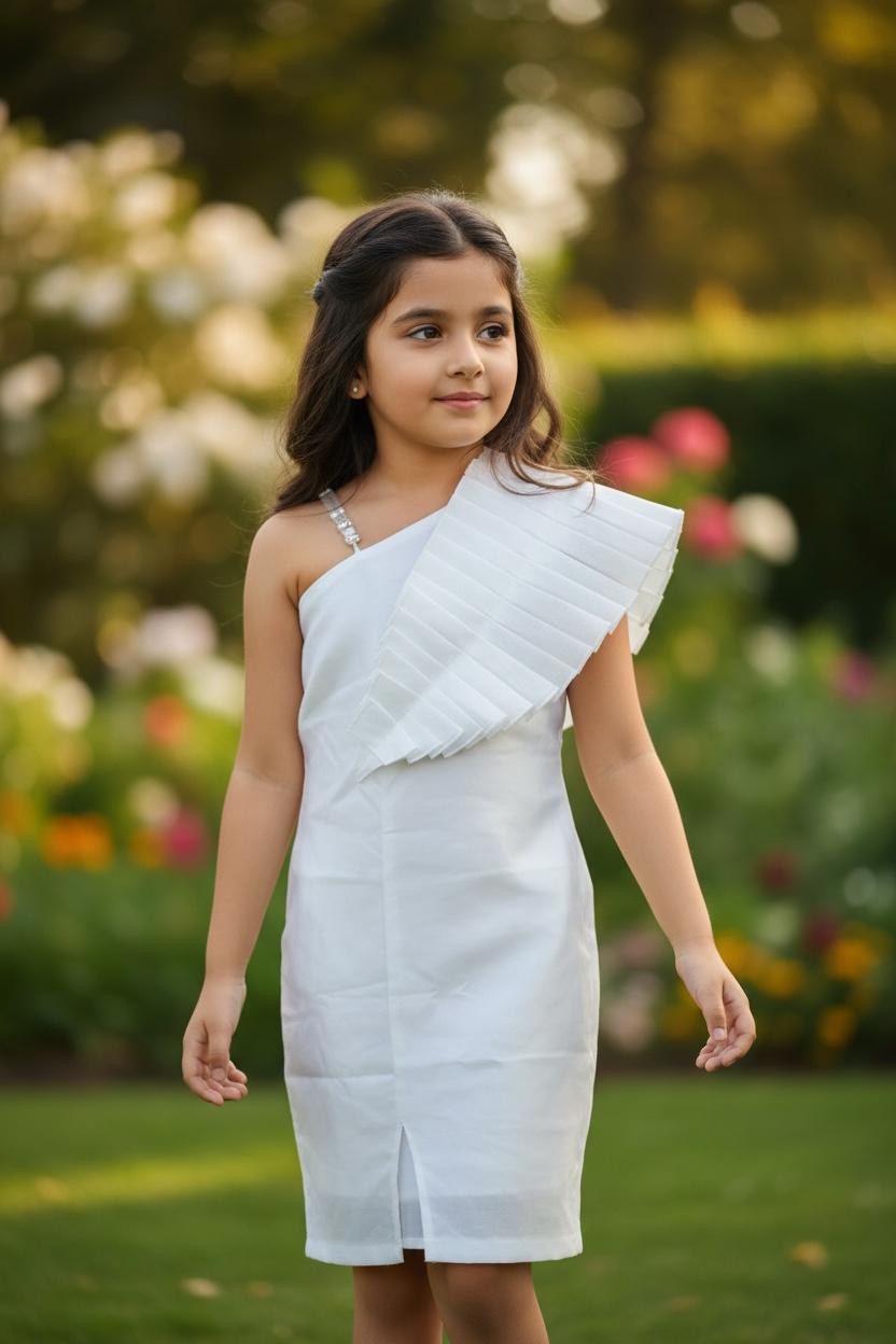 One-Shoulder White Pleated Party Dress | Elegant White Occasion Wear Dress for Kids