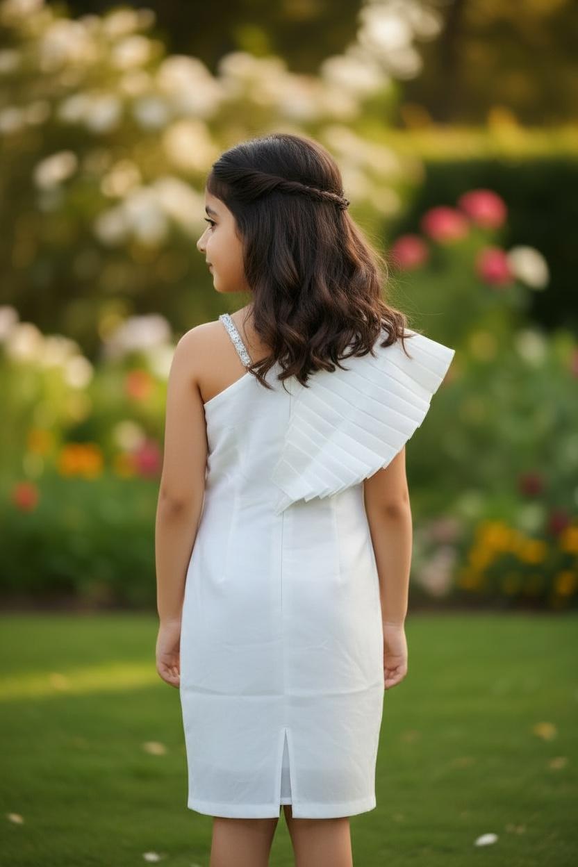 One-Shoulder White Pleated Party Dress | Elegant White Occasion Wear Dress for Kids