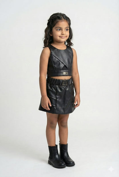 Black Faux Leather Top and Skirt Set
