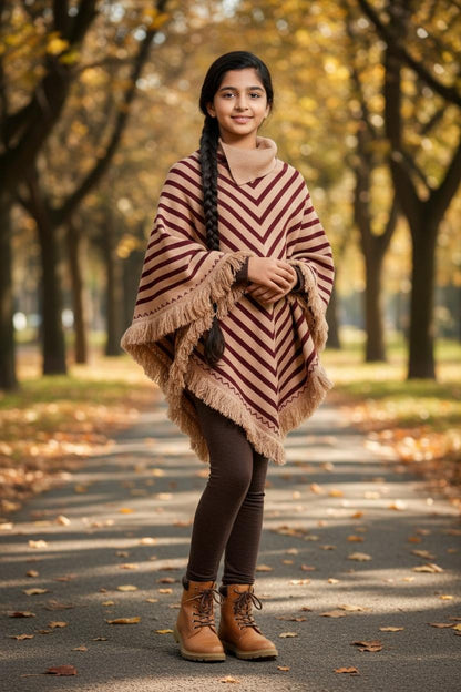 Beige Brown Winter Poncho Shawl – Warm Striped Woolen Cape