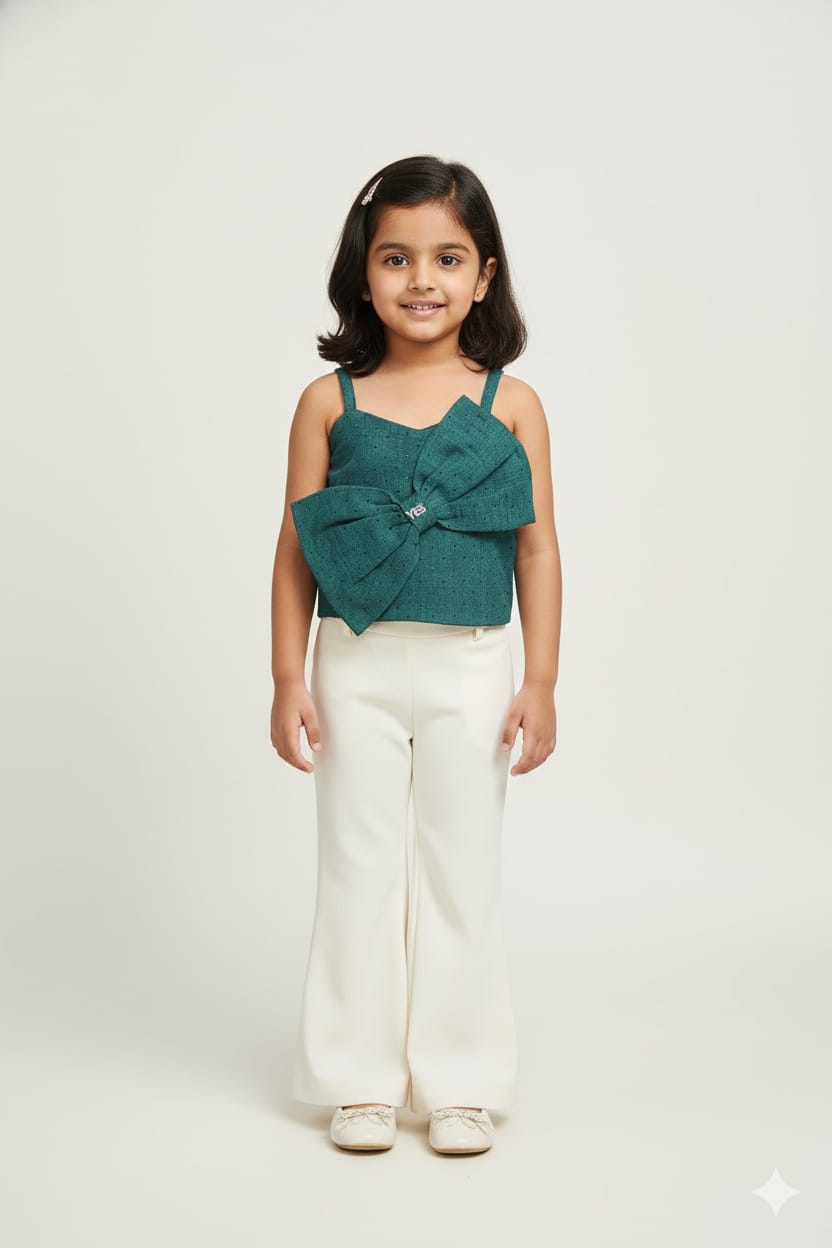 Dark Green Premium Cotton Bow Top with Stud Detailing