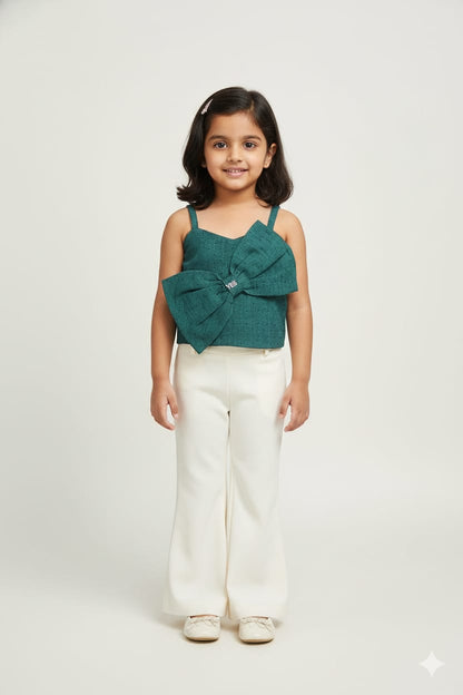 Dark Green Premium Cotton Bow Top with Stud Detailing