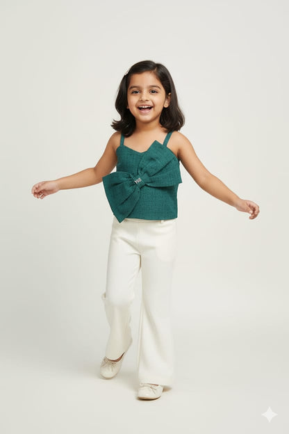 Dark Green Premium Cotton Bow Top with Stud Detailing