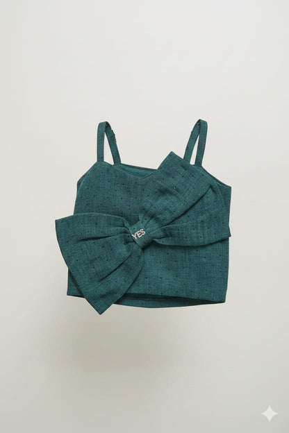 Dark Green Premium Cotton Bow Top with Stud Detailing