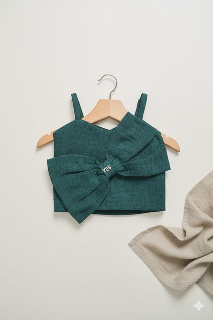 Dark Green Premium Cotton Bow Top with Stud Detailing