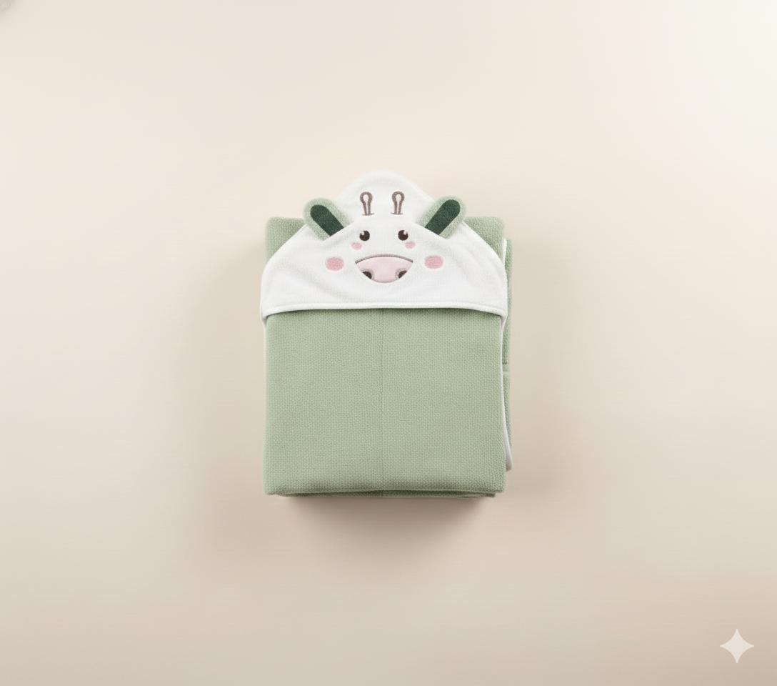 Green Baby Hooded Towel Wrap with Cute Cow Hood – Soft & Absorbent