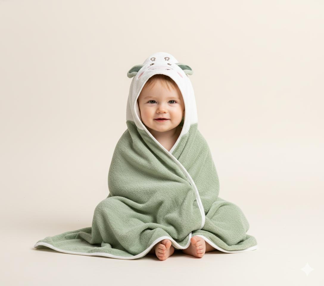 Green Baby Hooded Towel Wrap with Cute Cow Hood – Soft & Absorbent