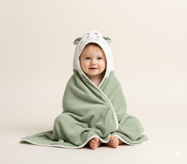 Green Baby Hooded Towel Wrap with Cute Cow Hood – Soft & Absorbent