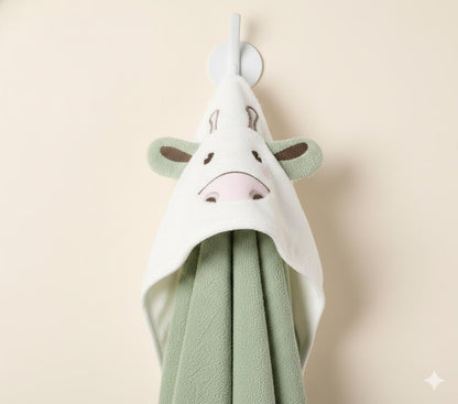 Green Baby Hooded Towel Wrap with Cute Cow Hood – Soft & Absorbent